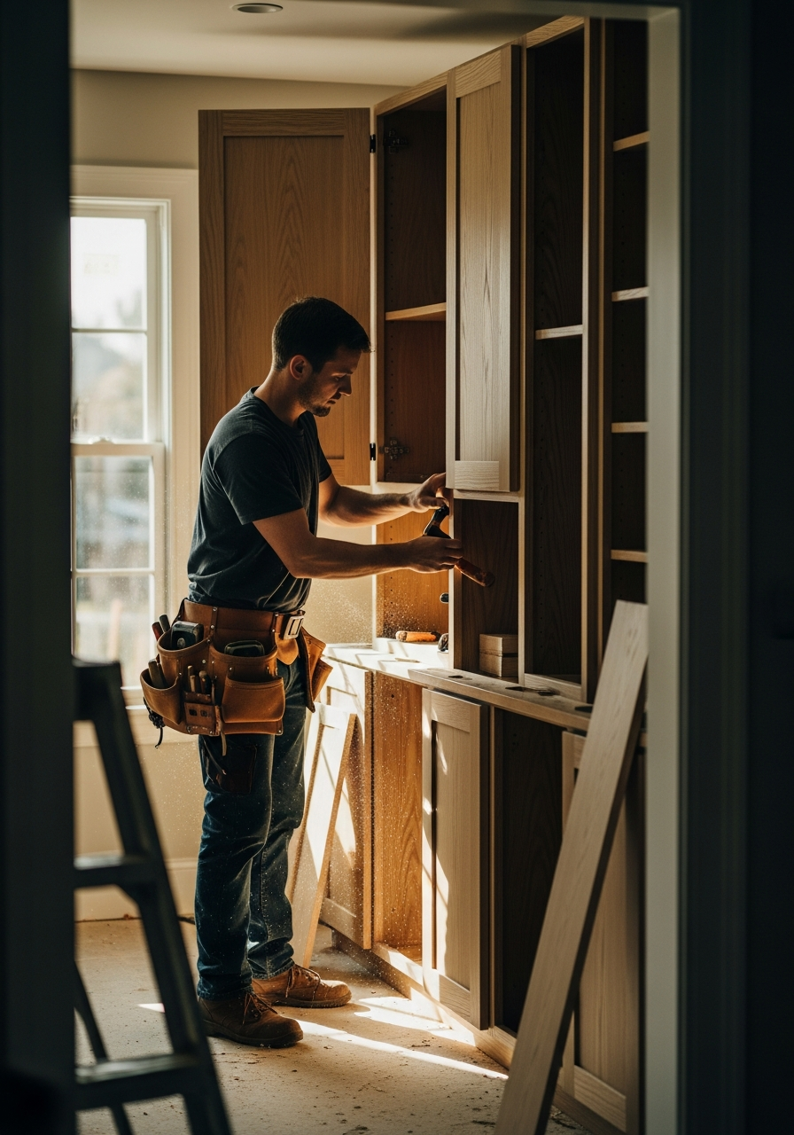 A contractor in a tool belt installing custom oak cabinetry during a renovation